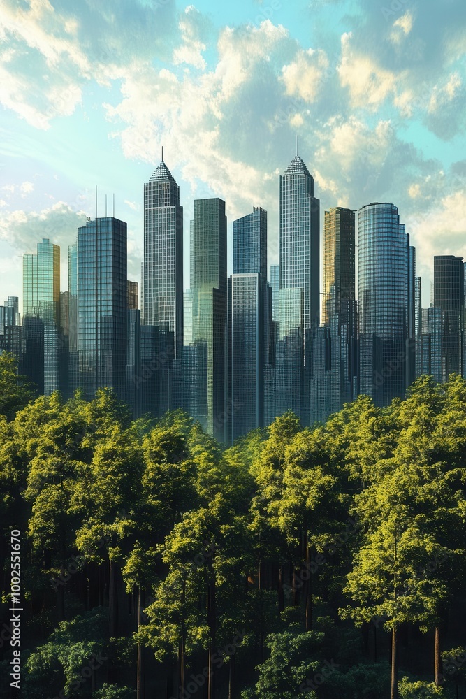 Obraz premium Modern city skyline with skyscrapers amidst lush green trees.
