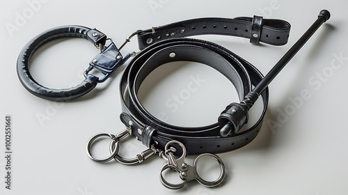 A police duty belt with handcuffs and a baton, isolated on a white surface. photo