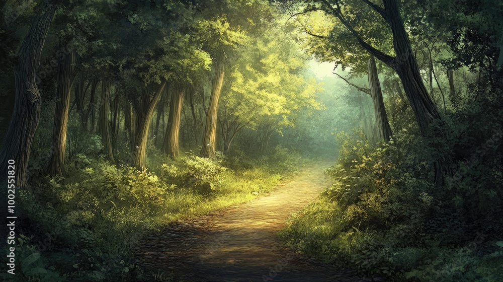 Fototapeta premium A path winding through a thick forest, lined with tall trees and undergrowth, inviting the viewer into a peaceful natural escape.