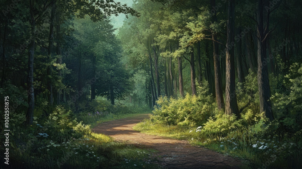 Naklejka premium A path winding through a thick forest, lined with tall trees and undergrowth, inviting the viewer into a peaceful natural escape.