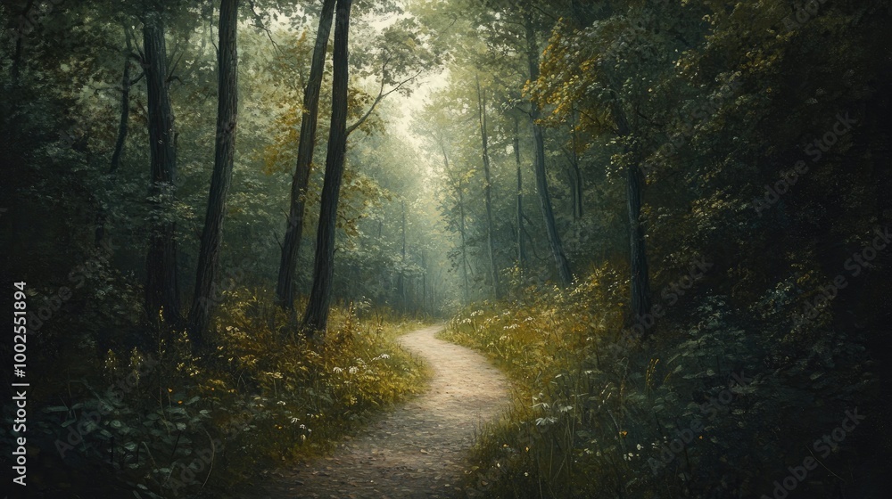 Naklejka premium A path winding through a thick forest, lined with tall trees and undergrowth, inviting the viewer into a peaceful natural escape.