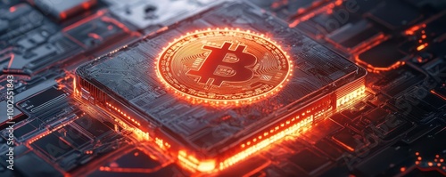 Wallpaper Mural Bitcoin symbol on circuit board, glowing electronic background. Torontodigital.ca