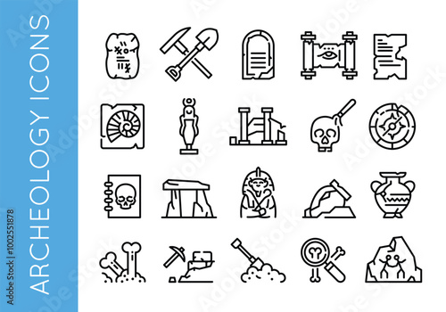 Archaeology icons. Set of 20 archaeology-themed minimal icons. Map, Shovel, Artifact, Fossil, Ancient Vase icons. Design signs for web pages, mobile apps, related to history. Vector illustration