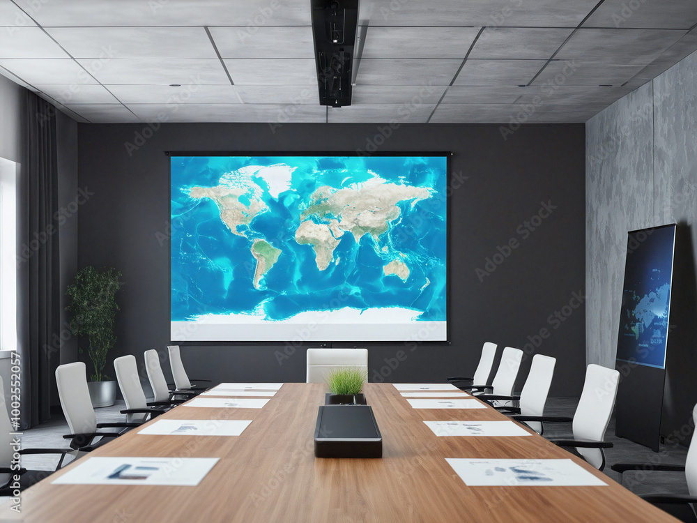 A spacious conference room features a prominent world map on the wall, surrounded by a sleek wooden table and comfortable black chairs, ready for discussions. A spacious conference room features a prominent world map on the wall, surrounded by a sleek wooden table and comfortable black chairs, ready for discussions.