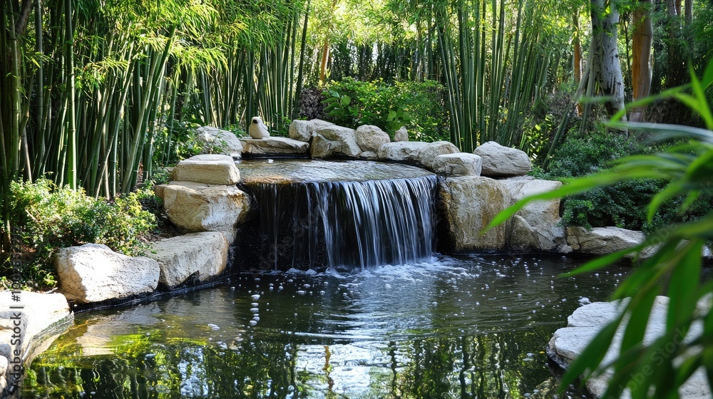 Naklejka premium A peaceful waterfall flowing into a tranquil pond surrounded by bamboo trees, capturing the essence of an Asian-inspired garden retreat.