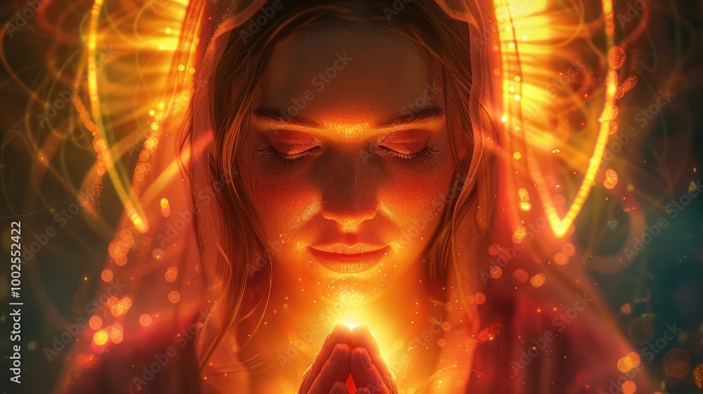 A radiant figure in contemplation, surrounded by a glowing aura in a mystical atmosphere at twilight. Generative AI A radiant figure in contemplation, surrounded by a glowing aura in a mystical atmosphere at twilight. Generative AI