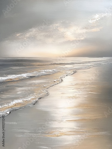 An abstract painting of the beach at sunset, the water is calm and there are reflections on it. It looks like an oil painting but has a soft texture  photo