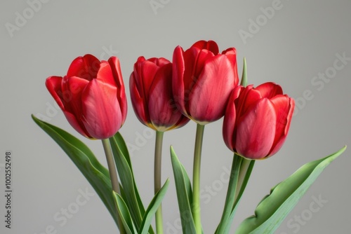 Red Tulips on Gray Background: Vibrant Spring Floral Arrangement for Modern and Elegant Decor