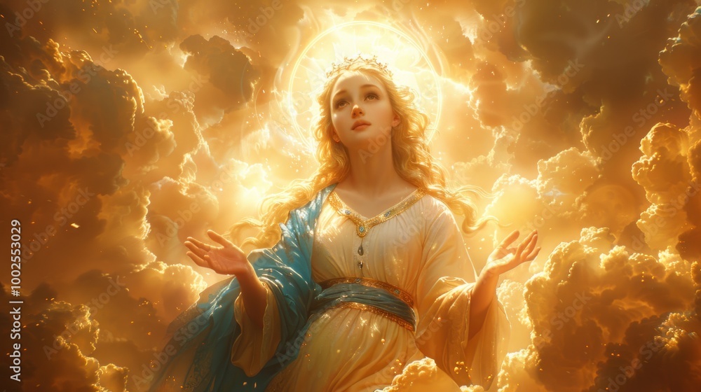 A radiant figure adorned in white and blue ascends among luminous clouds during a divine moment of serenity. Generative AI