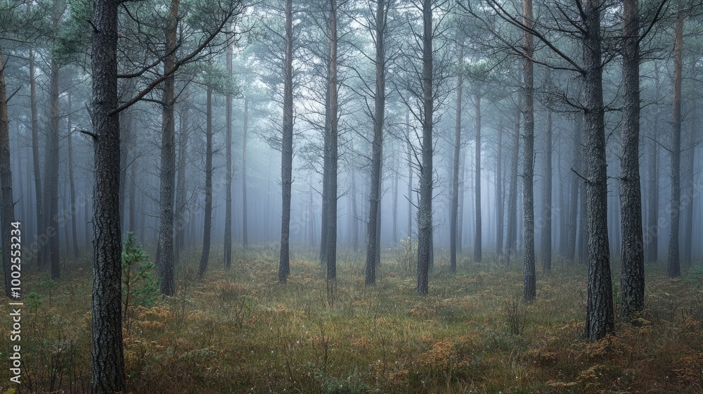 A pine forest on a misty morning, with light fog rolling through the trees and dewdrops clinging to the branches. A pine forest on a misty morning, with light fog rolling through the trees and dewdrops clinging to the branches.