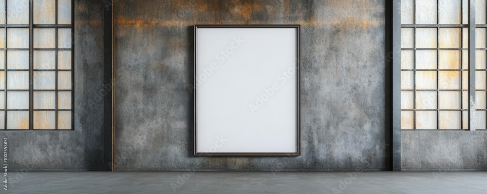 Modern gallery interior with empty frame and textured walls. Modern gallery interior with empty frame and textured walls.