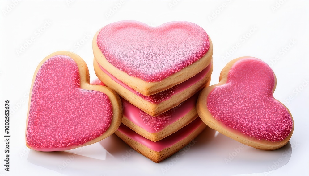 Obraz premium Pile of Heart-Shaped Sugar Cookies with Pink and White Icing, Soft Texture and Sweet, Glossy Finish, Arranged in a Delightful Stack on a Bright, Clean White Surface. Valentine's Day Special Occasions