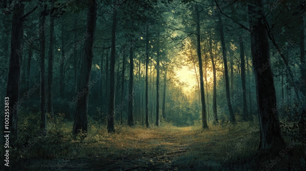 A quiet forest at dusk, with the last light of the day filtering through the trees and creating a peaceful and tranquil setting. A quiet forest at dusk, with the last light of the day filtering through the trees and creating a peaceful and tranquil setting.