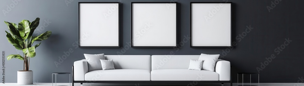 Modern living room with blank frames and decorative plant.