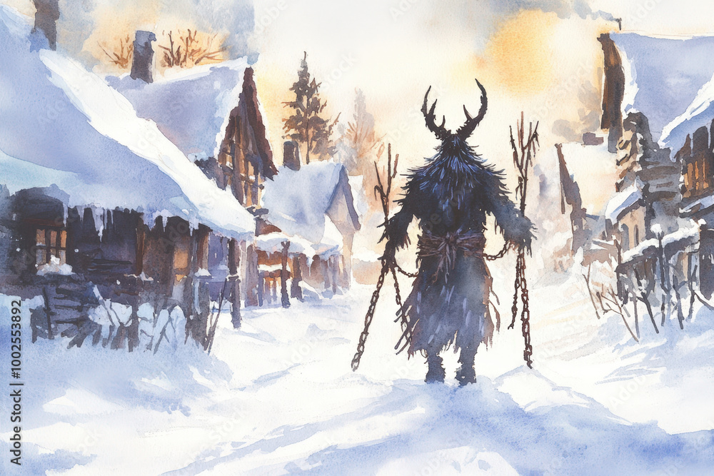Watercolor painting of krampus walking through a snow covered village at sunset Watercolor painting of krampus walking through a snow covered village at sunset
