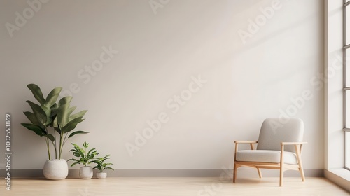 Modern living room with plants and cozy armchair, bright atmosphere.