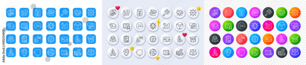 Air fan, Bureaucracy and New mail line icons. Square, Gradient, Pin 3d buttons. AI, QA and map pin icons. Pack of Idea, Court jury, Inclusion icon. Vector Air fan, Bureaucracy and New mail line icons. Square, Gradient, Pin 3d buttons. AI, QA and map pin icons. Pack of Idea, Court jury, Inclusion icon. Vector