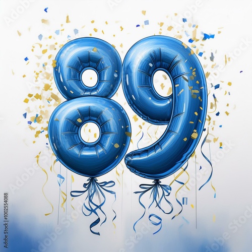 Blue birthday / anniversary balloon, number 89, white background with confetti photo