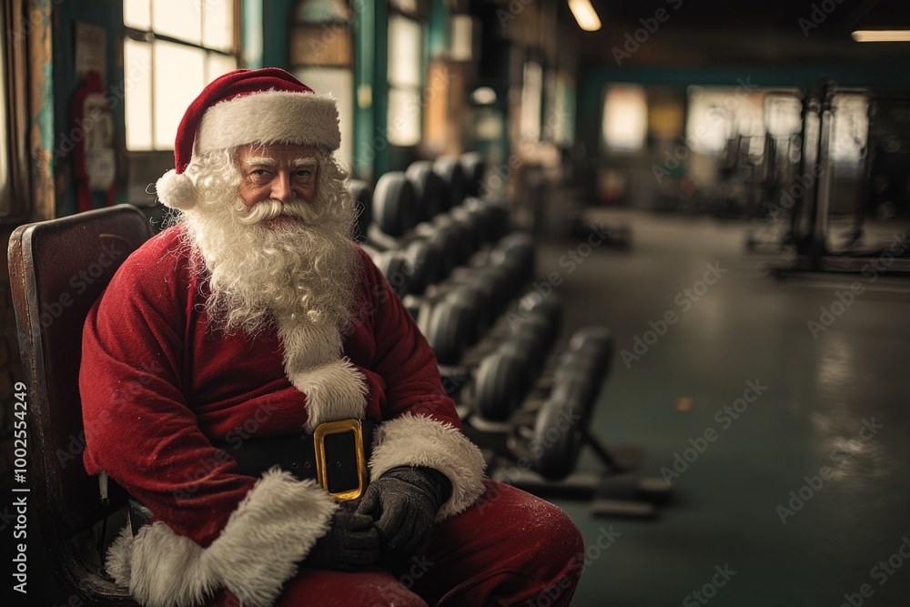 Santa claus taking a break from delivering presents at the gym Santa claus taking a break from delivering presents at the gym