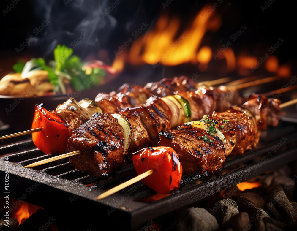 A vibrant assortment of skewers on a grill, accompanied by various spices and herbs, giving off a sense of a fresh outdoor barbecue feast.
