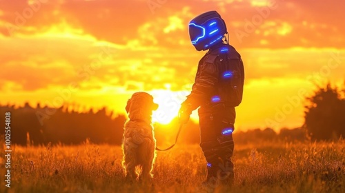 Futuristic robot child and dog at sunset in a glowing field scene