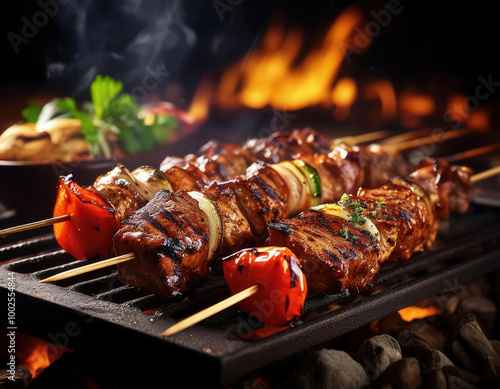 Obraz na płótnie A vibrant assortment of skewers on a grill, accompanied by various spices and herbs, giving off a sense of a fresh outdoor barbecue feast. w salonie