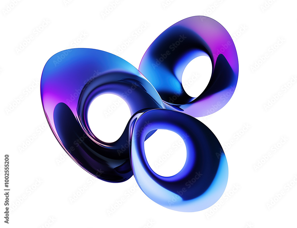 Gradient dark abstract metallic loops transparent image. Sleek blue purple interlocking shapes isolated cutout 3d render. Futuristic aesthetic cut out clipart design element png