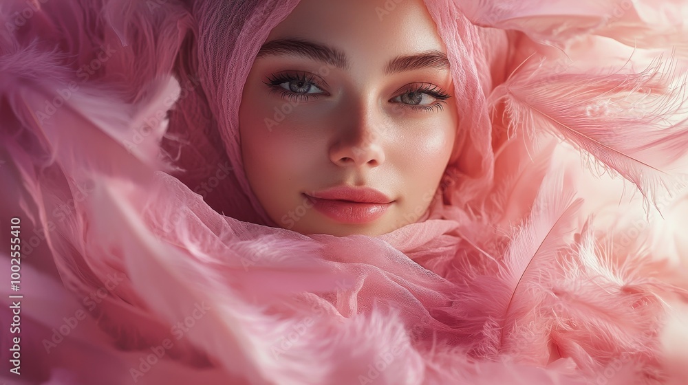 Woman in a soft pink headscarf, surrounded by floating pink feathers, smiling serenely in a tranquil, light-filled setting. Woman in a soft pink headscarf, surrounded by floating pink feathers, smiling serenely in a tranquil, light-filled setting.