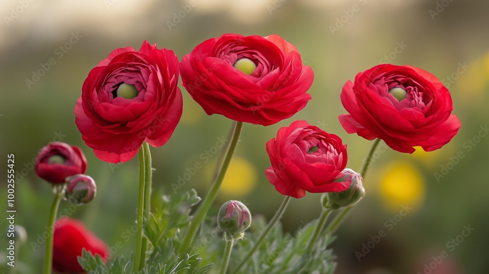 Vibrant red ranunculus flowers blooming in a garden during the warm afternoon sunlight, creating a stunning natural display Vibrant red ranunculus flowers blooming in a garden during the warm afternoon sunlight, creating a stunning natural display