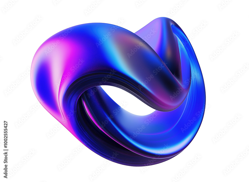Twisting iridescent loop sculpture transparent image. Dynamic fluid form in blue pink gradient isolated cutout 3d render. Metallic smooth curves cut out clipart design element png