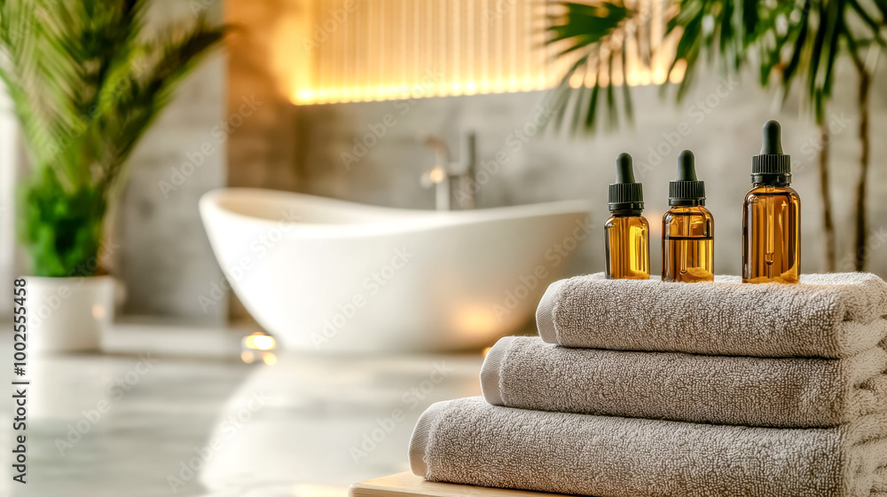 Creating a relaxing atmosphere with essential oils and towels in a modern bathroom Creating a relaxing atmosphere with essential oils and towels in a modern bathroom