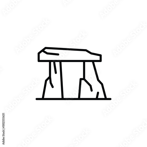 Ancient dolmen icon. Minimalist line art representation of a prehistoric stone structure, often associated with archaeological sites. Perfect for heritage-related projects. Vector illustration.