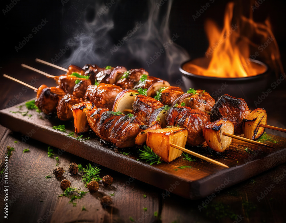 Juicy grilled skewers with meat and vegetables, garnished with fresh herbs, placed in front of a roaring flame for a dramatic and appetizing effect.