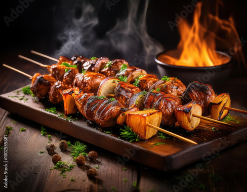 Juicy grilled skewers with meat and vegetables, garnished with fresh herbs, placed in front of a roaring flame for a dramatic and appetizing effect.