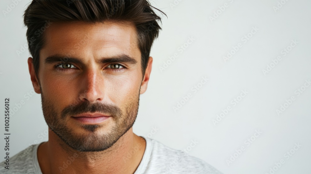 Fototapeta premium Rugged Male Portrait with Intense Expression and Dark Hair