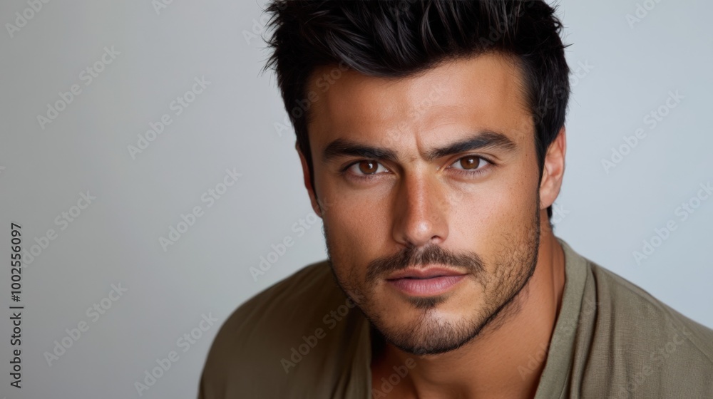 Fototapeta premium Close-up Portrait of a Serious Man with Dark Hair