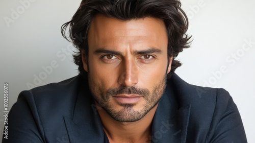 Rugged Male Portrait with Intense Expression and Dark Hair