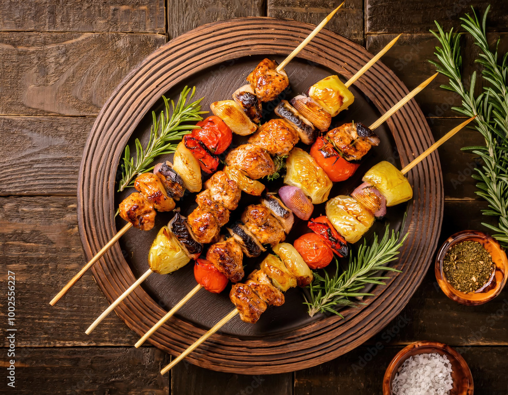 A vibrant assortment of skewers on a grill, accompanied by various spices and herbs, giving off a sense of a fresh outdoor barbecue feast.