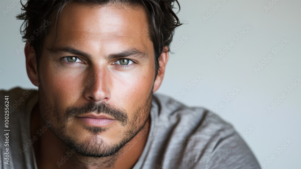 Rugged Male Portrait with Intense Expression and Dark Hair Rugged Male Portrait with Intense Expression and Dark Hair