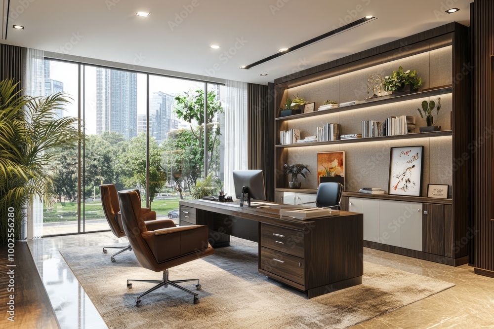 Fototapeta premium Modern office interior with desk and cityscape view
