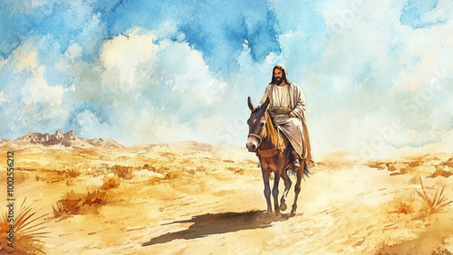 Jesus Riding A Donkey Through The Desert Horizontal Background Watercolor Illustration Featuring Soft Sandy Dunes Under A Pale Blue Sky With Jesus In Simple Robes On A Donkey