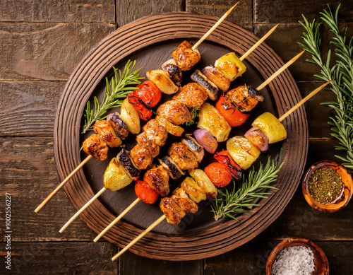 Obraz na płótnie A vibrant assortment of skewers on a grill, accompanied by various spices and herbs, giving off a sense of a fresh outdoor barbecue feast. w salonie