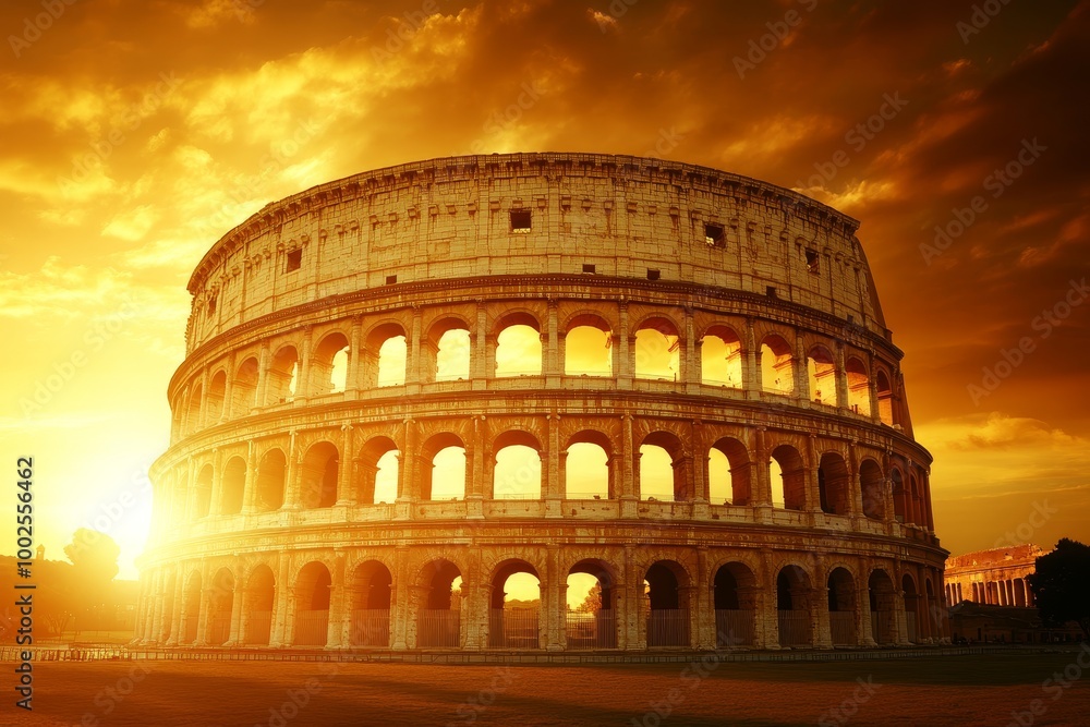 Naklejka premium Colosseum in Rome at Sunrise, Italy. Majestic Flavian Amphitheatre in Golden Morning Light