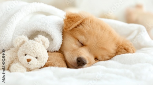 Adorable puppy sleeping peacefully with furry teddy on cozy blanket