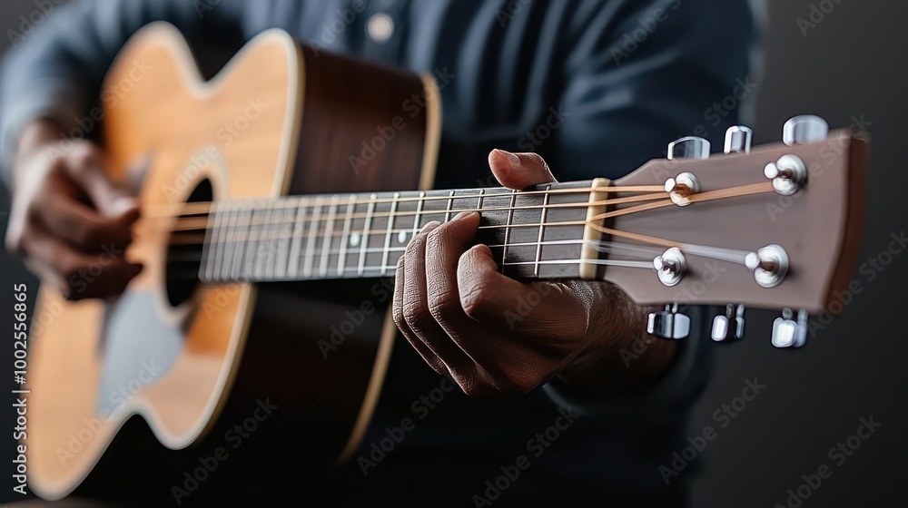 A musician strumming a guitar, fingers moving swiftly across the strings, Guitar strumming, musical hobby A musician strumming a guitar, fingers moving swiftly across the strings, Guitar strumming, musical hobby