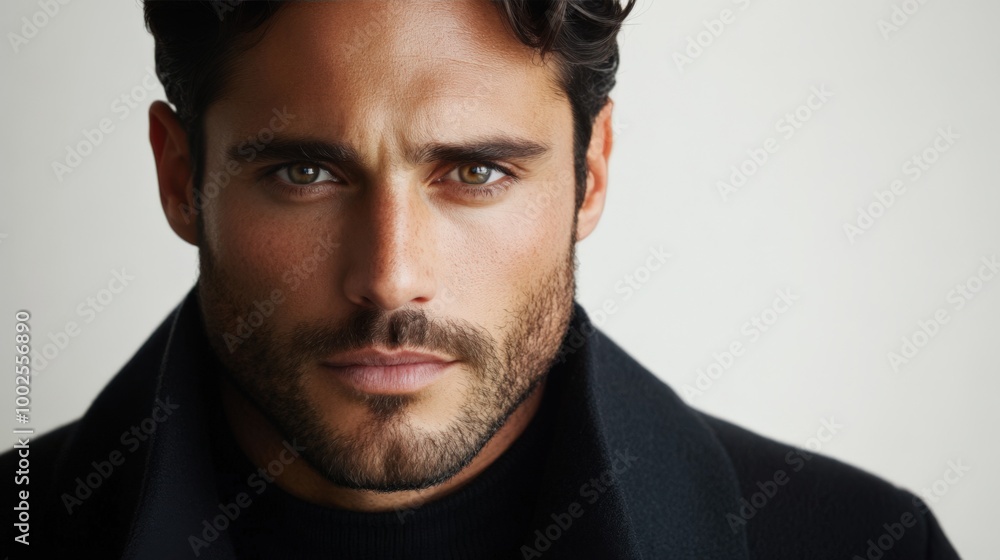 Fototapeta premium Close-up Portrait of a Serious Man with Dark Hair