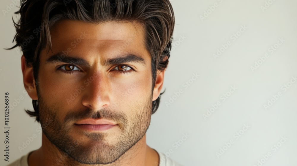 Close-up Portrait of a Serious Man with Dark Hair Close-up Portrait of a Serious Man with Dark Hair