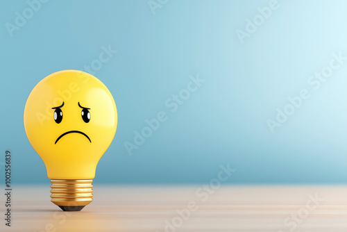 Yellow light bulb with sad expression representing blue Monday. Minimal creative concept