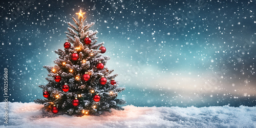 Snowy Christmas Tree Outdoors with Magical Twilight Sky