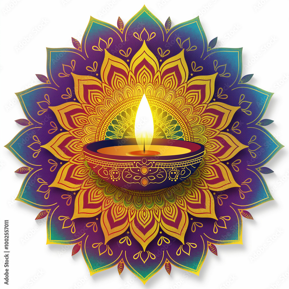 Diwali oil lamp with vibrant mandala design on white background Diwali oil lamp with vibrant mandala design on white background